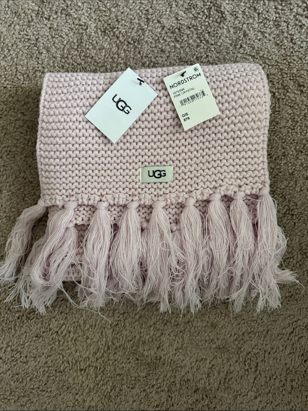 UGG Pale Pink Knit Fringe Scarf with Logo Patch